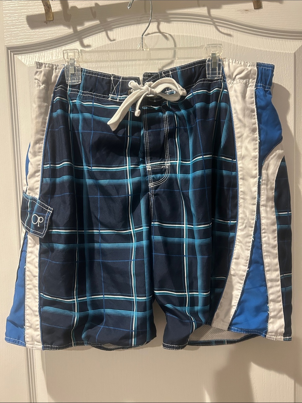 OP Men’s Navy Plaid Board Shorts with White & Blue Accents ocean pacific xl